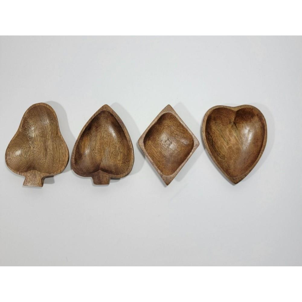 Monkey Pod Set of 4‎ Wooden Bowls Clubs Hearts Diamonds Spades Poker Game Night